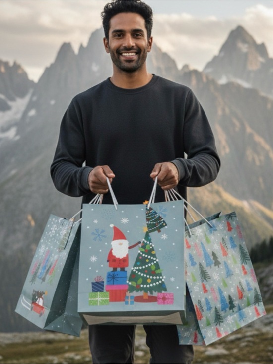 North Pole Other - Holiday Gift Bags with Santa & Tree - Blue  and Green 3 Pc Set
